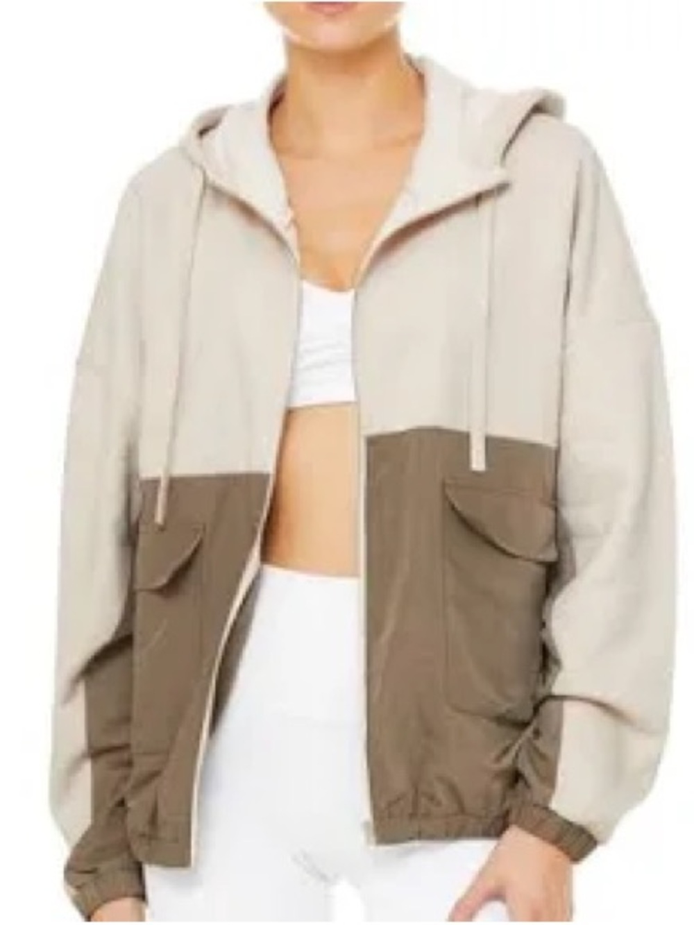 Alo Yoga Intent Jacket Colorblock Fleece Cargo Zip Up Hoodie Bone Olive Branch L